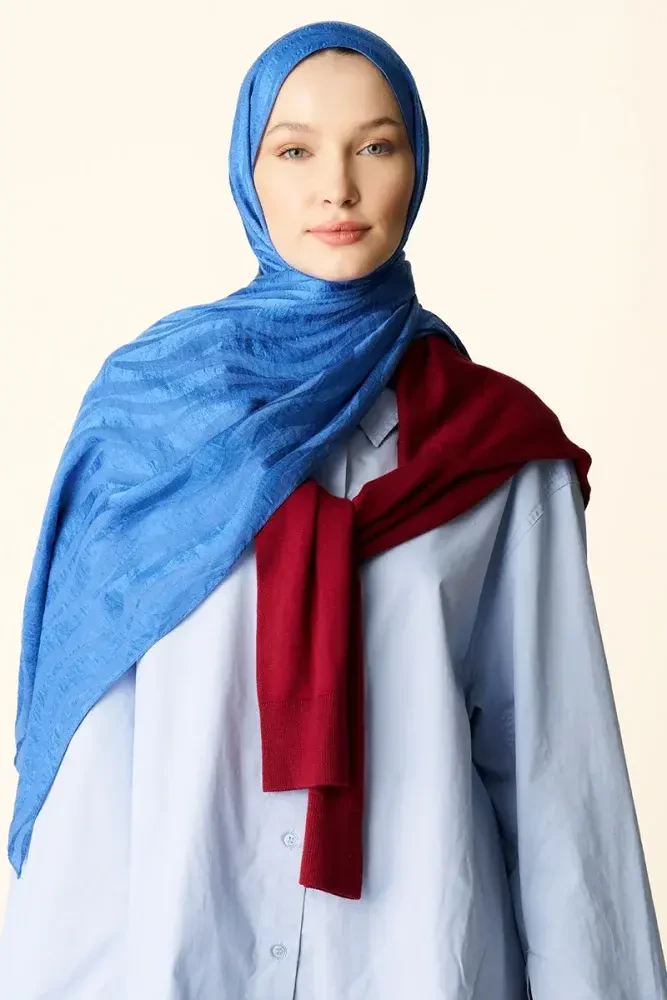 Premium Jakar Şal Dalga Desen - Mavi - MADAME POLO