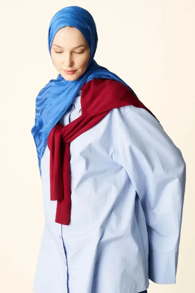 Premium Jakar Şal Dalga Desen - Mavi - MADAME POLO