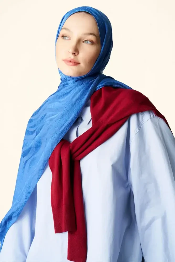 Premium Jakar Şal Dalga Desen - Mavi - MADAME POLO