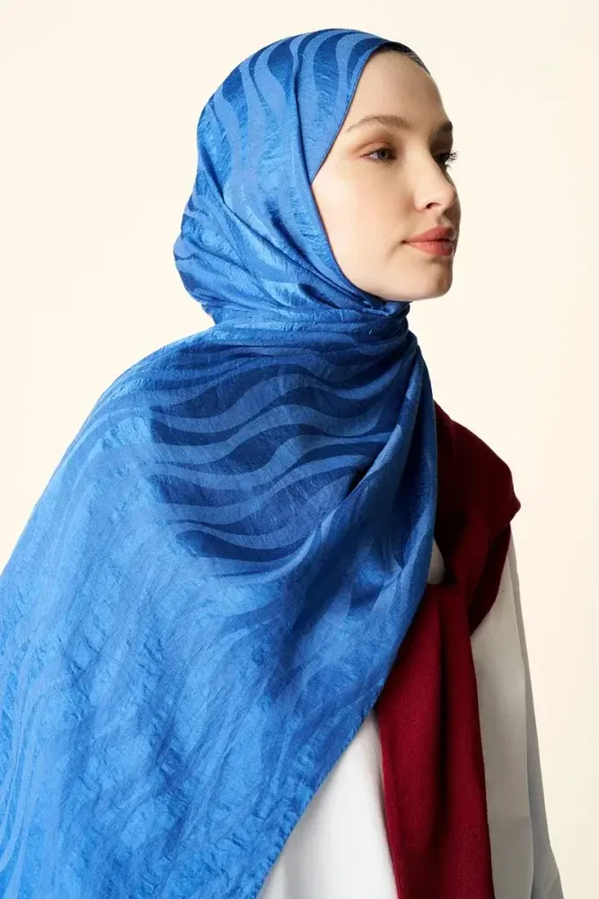 Premium Jakar Şal Dalga Desen - Mavi - 4