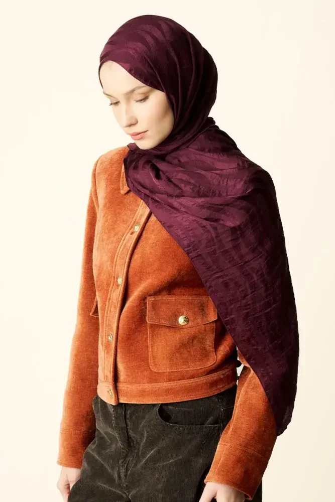 Premium Jakar Şal Dalga Desen - Mürdüm - MADAME POLO