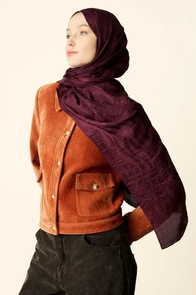 Premium Jakar Şal Dalga Desen - Mürdüm - MADAME POLO