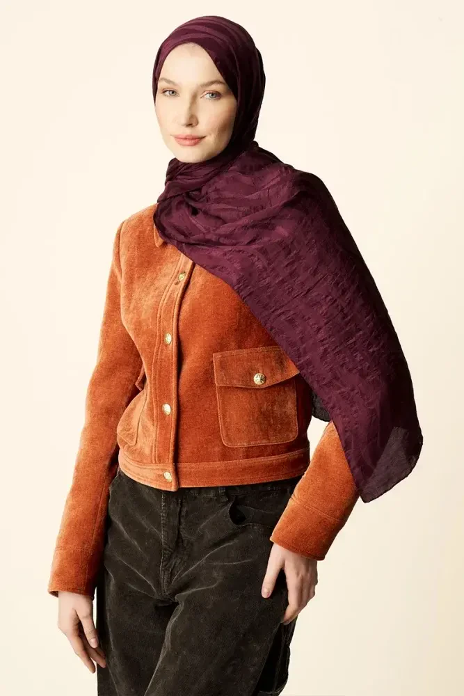 Premium Jakar Şal Dalga Desen - Mürdüm - MADAME POLO