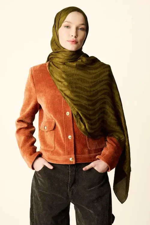 Premium Jakar Şal Dalga Desen - Yağ Yeşili 