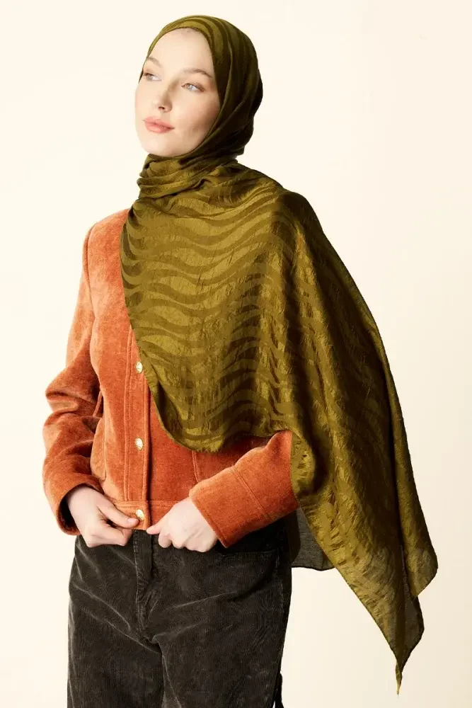 Premium Jakar Şal Dalga Desen - Yağ Yeşili - 2