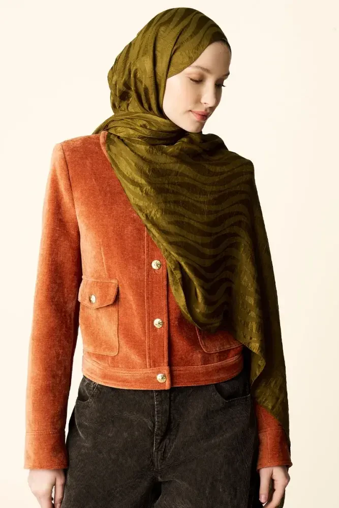 Premium Jakar Şal Dalga Desen - Yağ Yeşili - 3