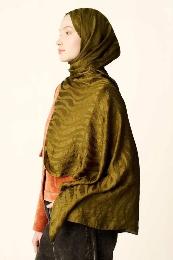 Premium Jakar Şal Dalga Desen - Yağ Yeşili - 4