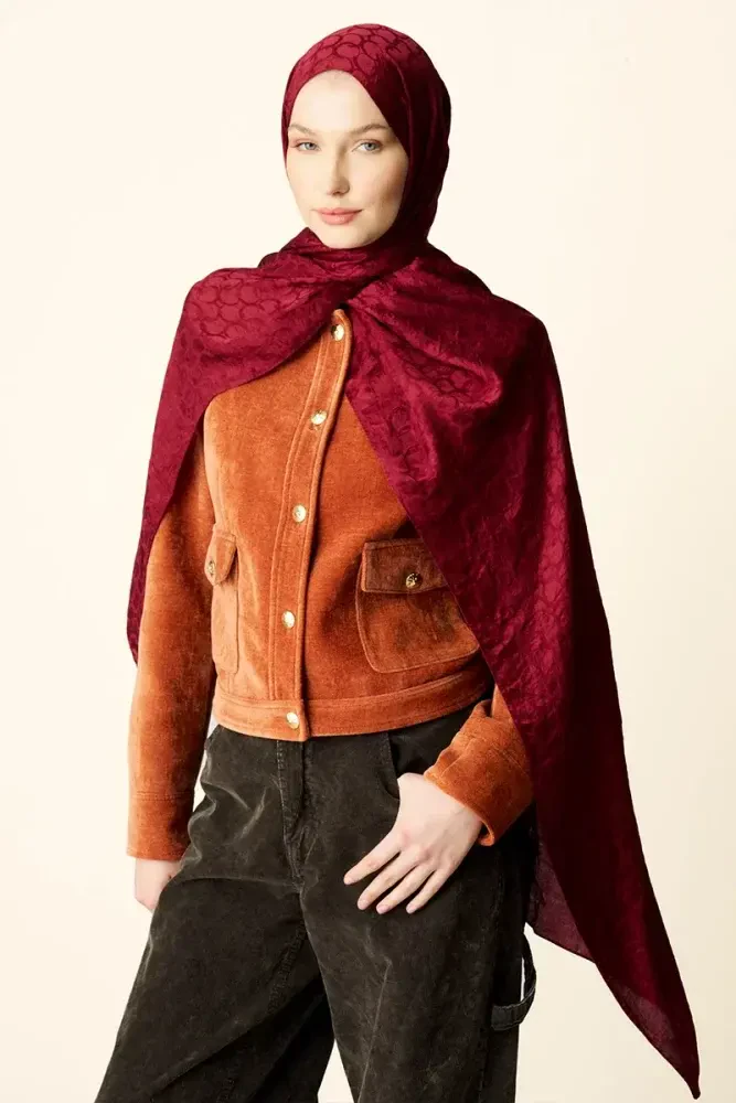 Premium Jakar Şal Halka Desen - Bordo - MADAME POLO