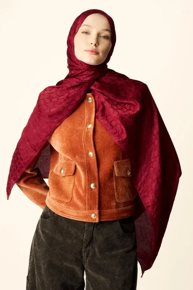 Premium Jakar Şal Halka Desen - Bordo - 3
