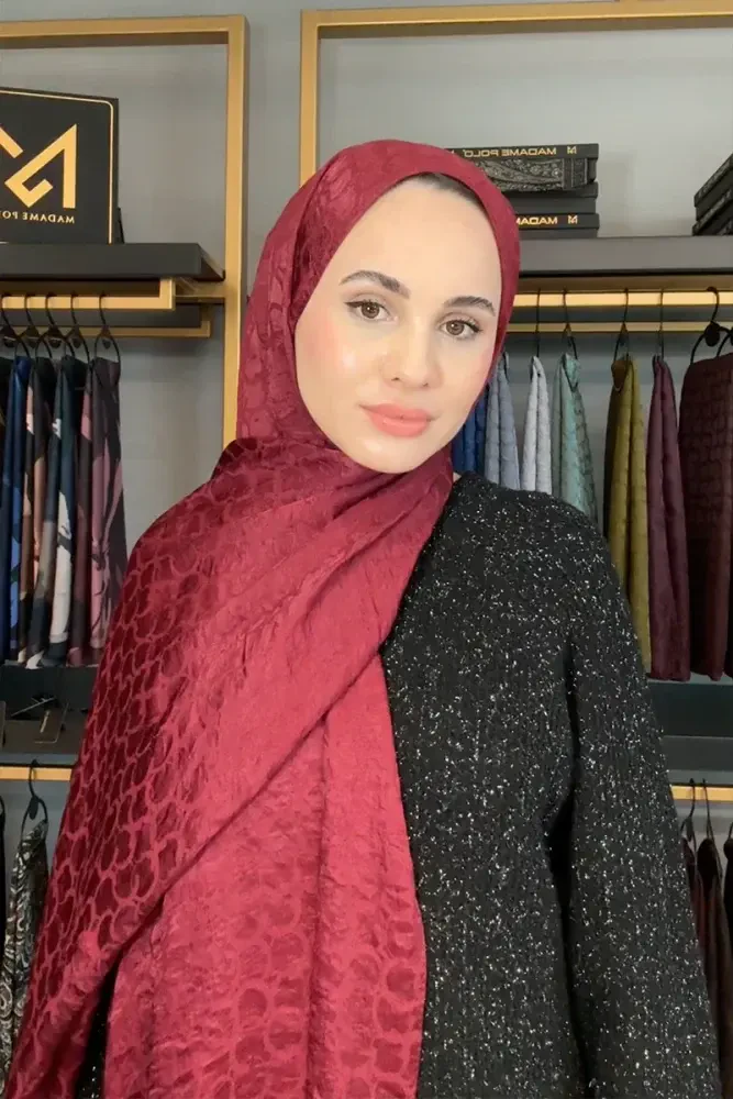 Premium Jakar Şal Halka Desen - Bordo - MADAME POLO