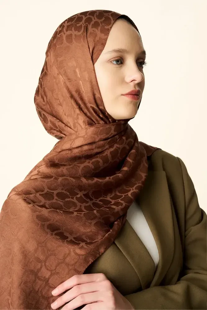 Premium Jakar Şal Halka Desen - Kızıl Kahve - 4