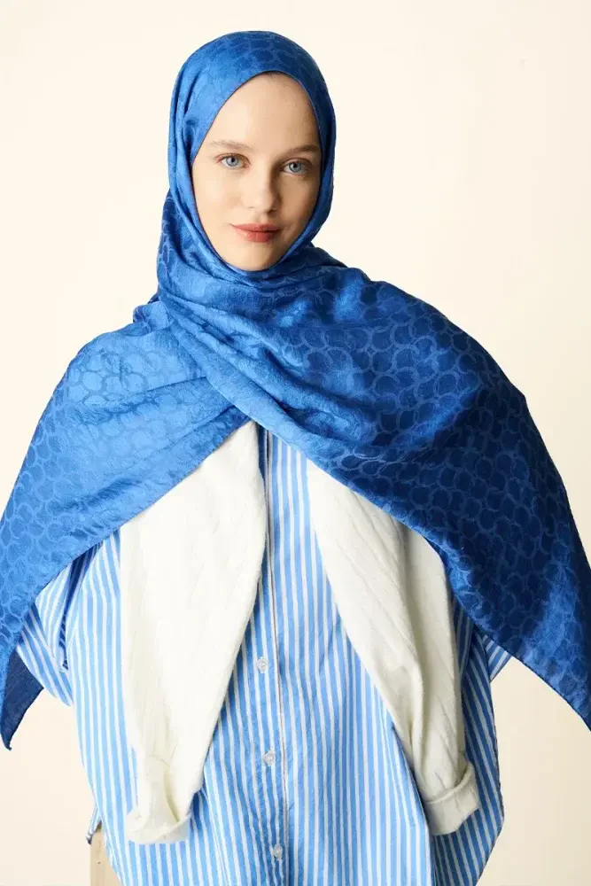 Premium Jakar Şal Halka Desen - Mavi - MADAME POLO