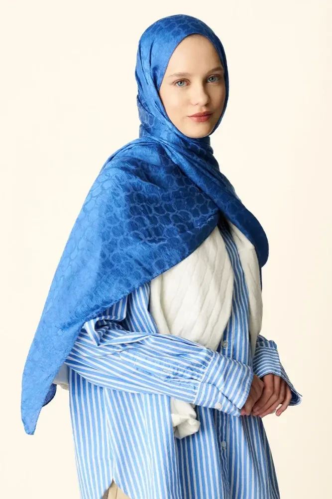 Premium Jakar Şal Halka Desen - Mavi - MADAME POLO