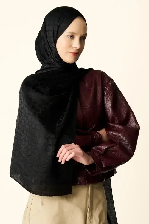 Premium Jakar Şal Halka Desen - Siyah 
