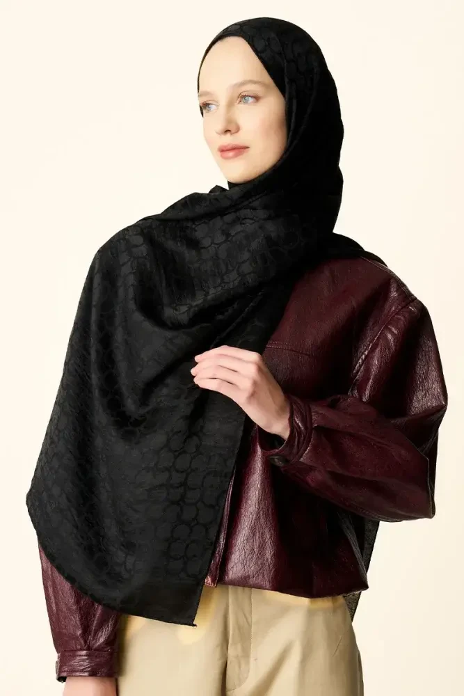 Premium Jakar Şal Halka Desen - Siyah - MADAME POLO
