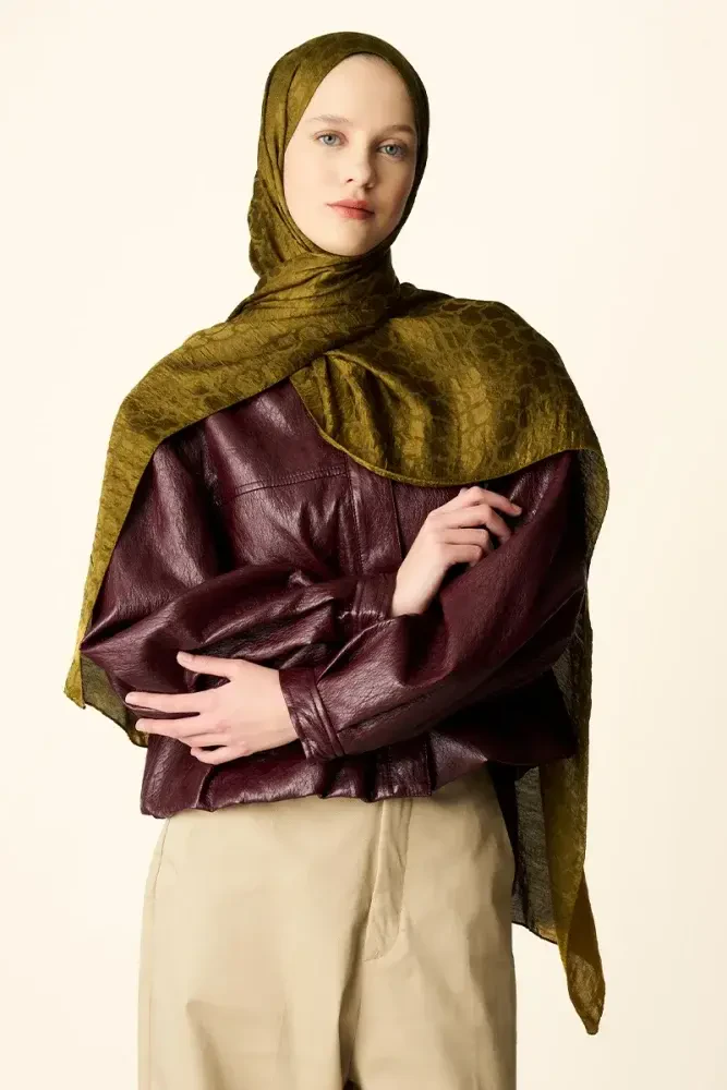 Premium Jakar Şal Halka Desen - Yağ Yeşili - 3