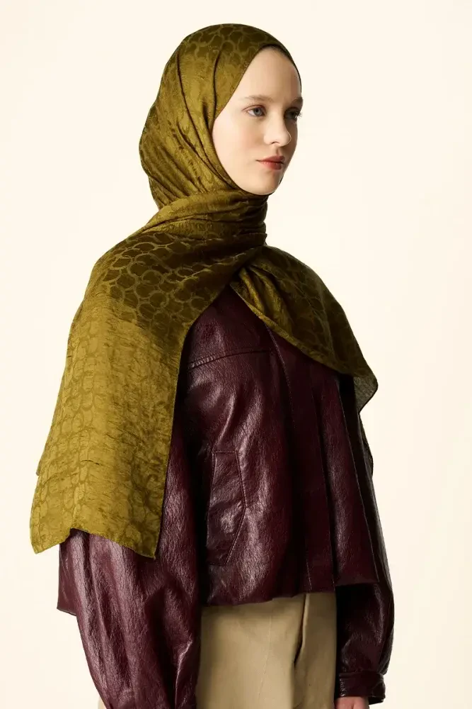 Premium Jakar Şal Halka Desen - Yağ Yeşili - 4