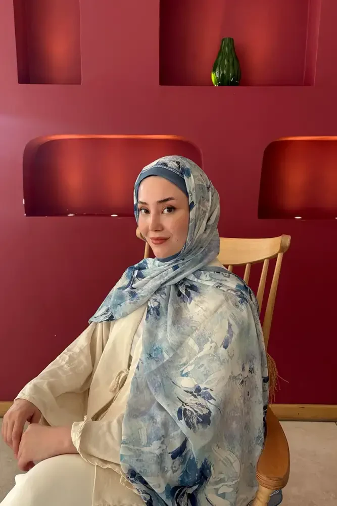 Prestige Leona Desen Şal - Mavi - MADAME POLO