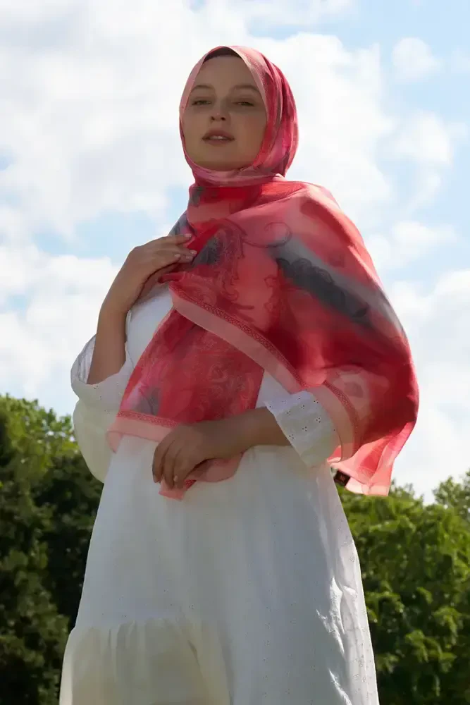 Prestige Vintage Desen Şal - Mercan - MADAME POLO