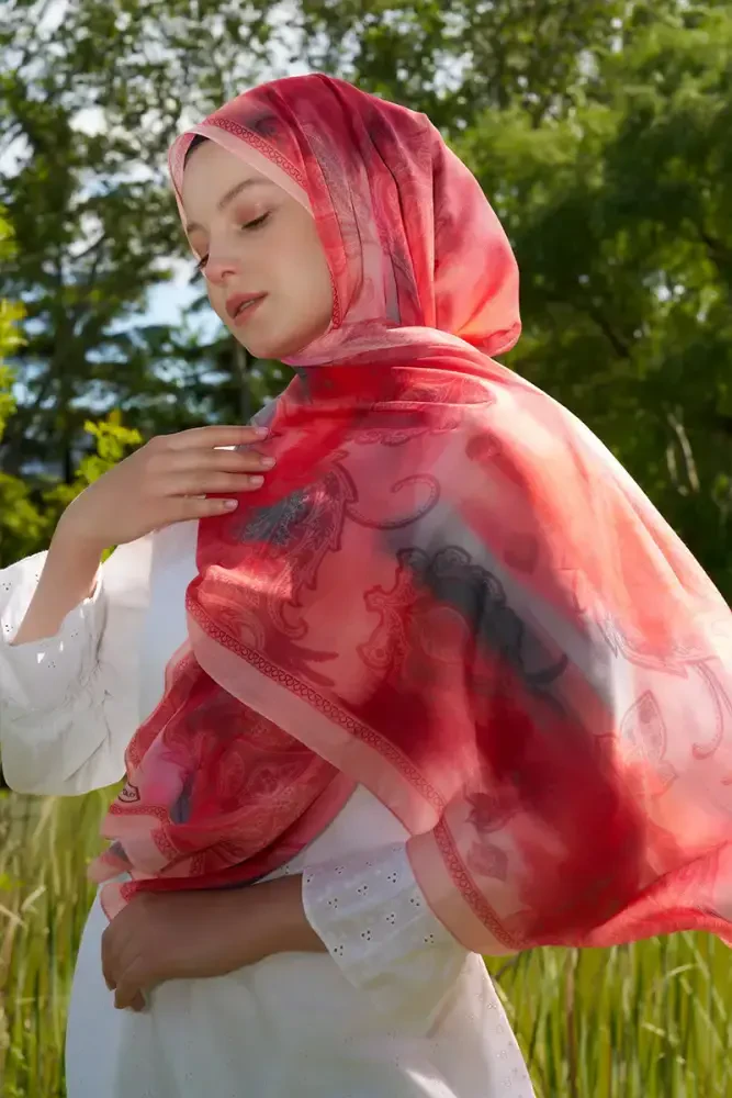 Prestige Vintage Desen Şal - Mercan - MADAME POLO