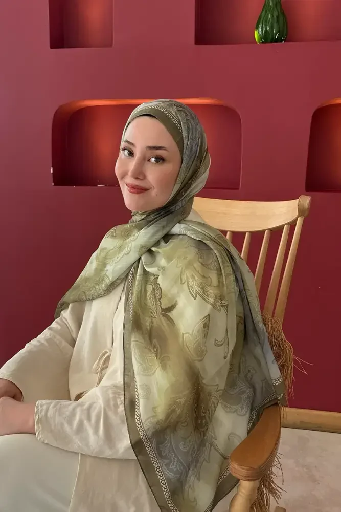 Prestige Vintage Desen Şal - Yağ Yeşili - MADAME POLO