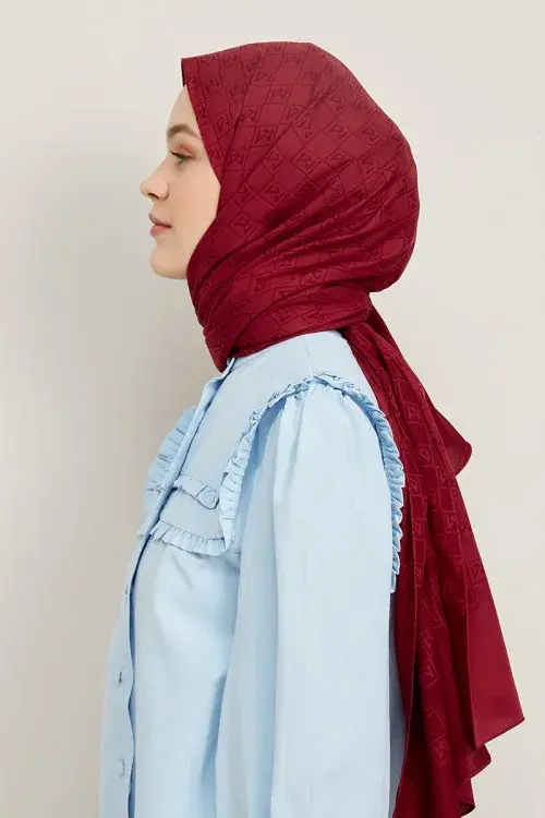 Silky Jacquard Hijab Monogram Pattern - Claret Red - 1