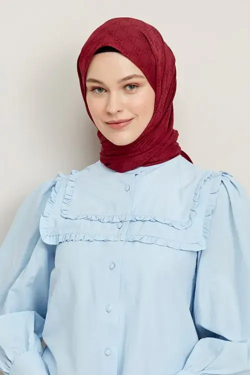 Silky Jacquard Hijab Monogram Pattern - Claret Red - 2