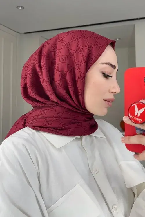 Silky Jacquard Hijab Monogram Pattern - Claret Red - 3