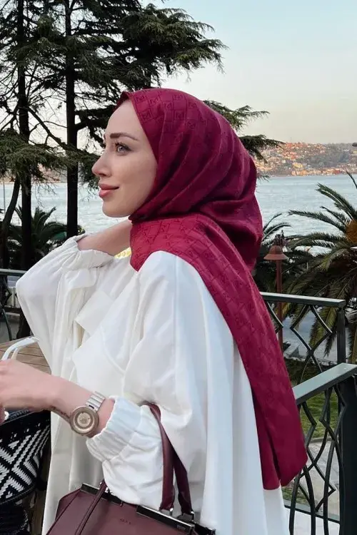 Silky Jacquard Hijab Monogram Pattern - Claret Red - 4