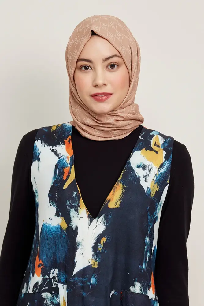 Silky Jacquard Hijab Monogram Pattern - Latte - 1