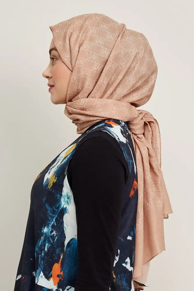 Silky Jacquard Hijab Monogram Pattern - Latte - 3