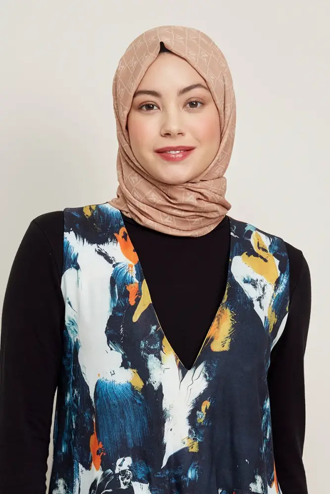 Silky Jacquard Hijab Monogram Pattern - Latte - 2