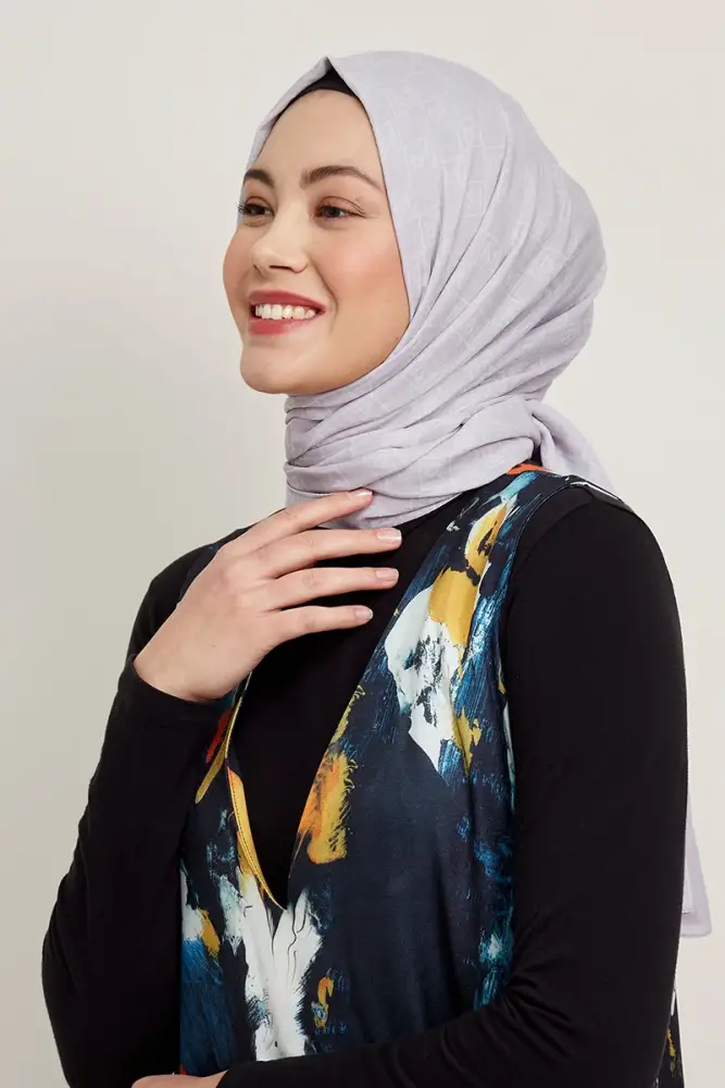 Silky Jacquard Hijab Monogram Pattern - Light Grey - 2