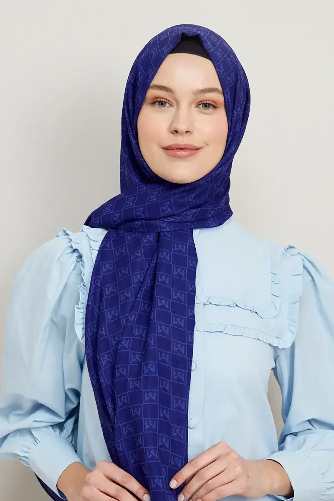 Silky Jacquard Hijab Monogram Pattern - Sax - 1