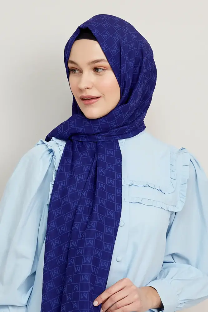 Silky Jacquard Hijab Monogram Pattern - Sax - 2