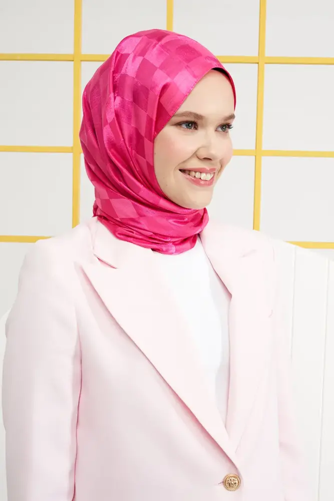 Silky Jacquard Italian Hijab Checker Pattern - Barbie Pink - 2
