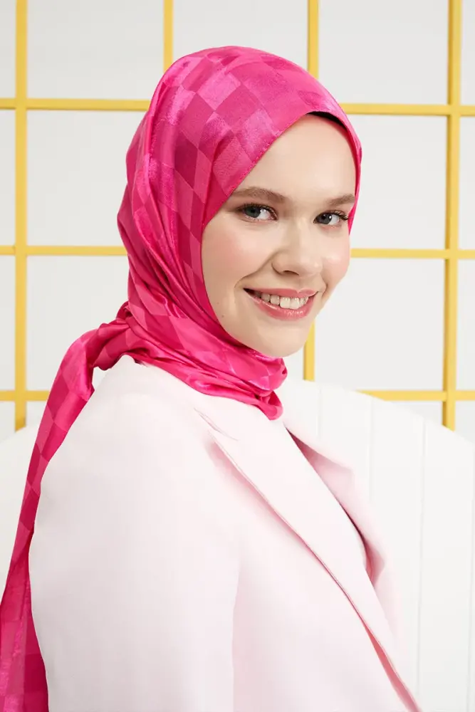 Silky Jacquard Italian Hijab Checker Pattern - Barbie Pink - 2