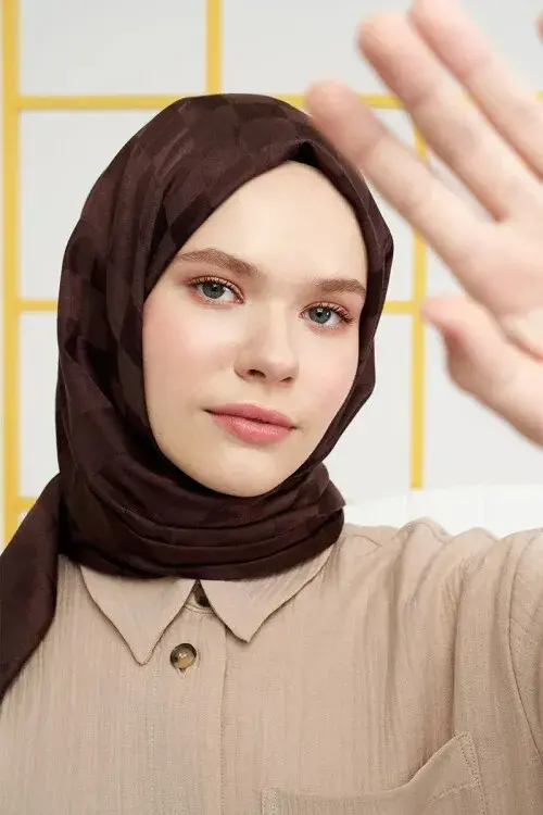 Silky Jacquard Italian Hijab Checker Pattern - Bitter Coffee - 2