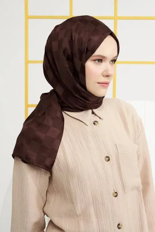 Silky Jacquard Italian Hijab Checker Pattern - Bitter Coffee - 3