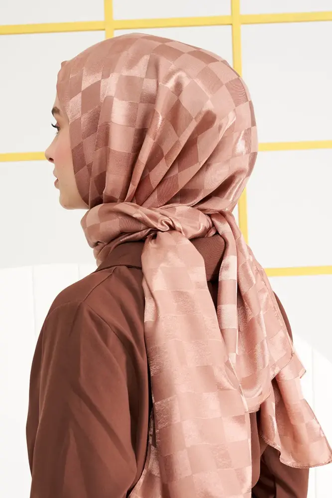 Silky Jacquard Italian Hijab Checker Pattern - Bronze - 4