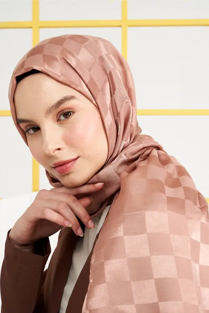 Silky Jacquard Italian Hijab Checker Pattern - Bronze - 2