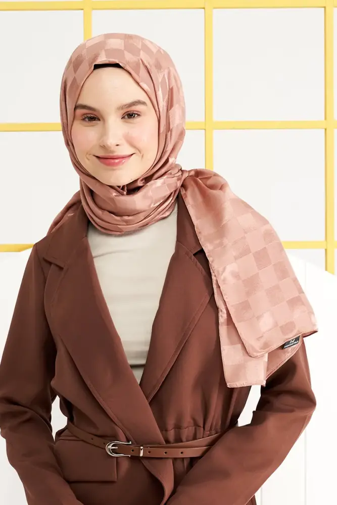 Silky Jacquard Italian Hijab Checker Pattern - Bronze - 3