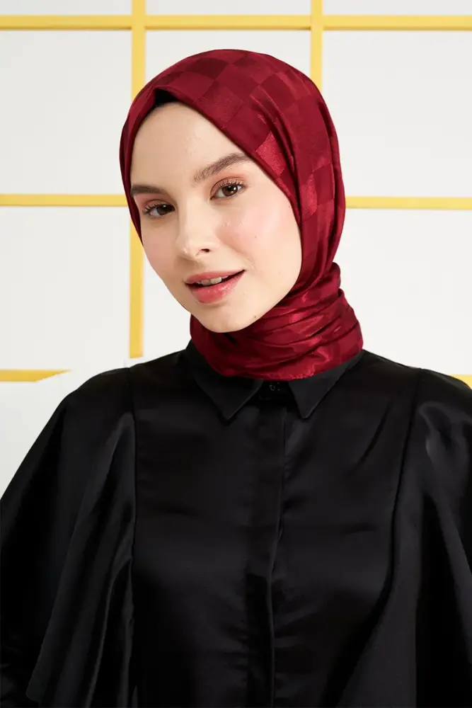 Silky Jacquard Italian Hijab Checker Pattern - Claret Red - 2