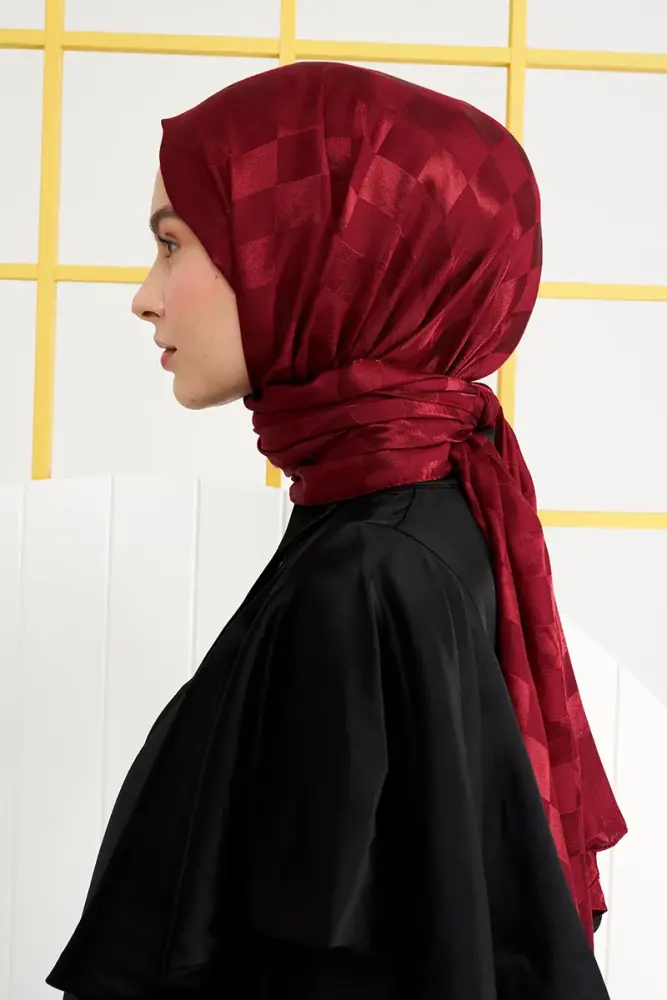 Silky Jacquard Italian Hijab Checker Pattern - Claret Red - 3