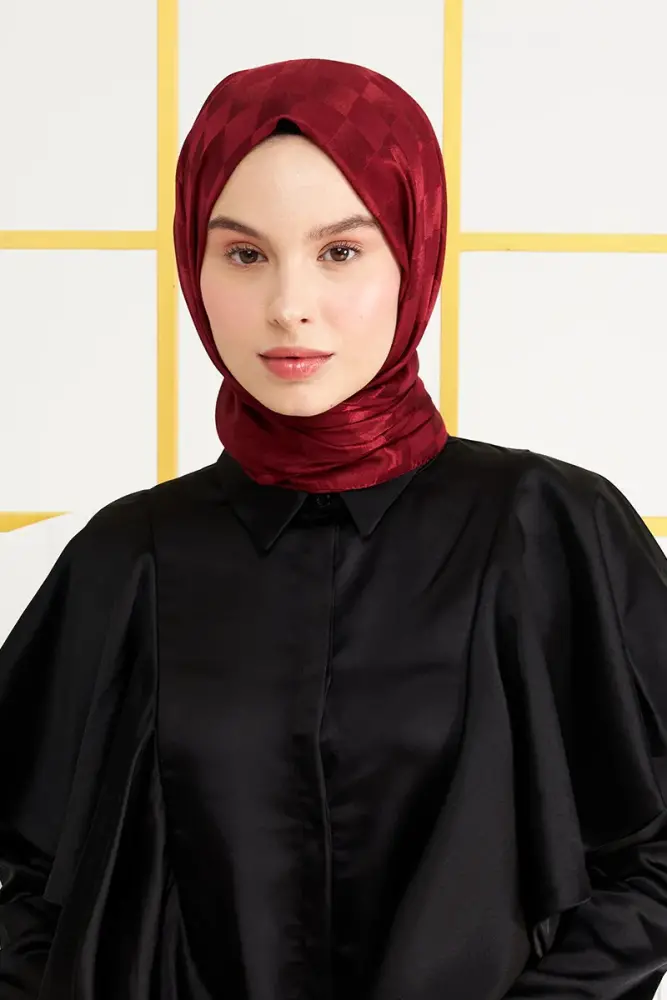 Silky Jacquard Italian Hijab Checker Pattern - Claret Red - 1