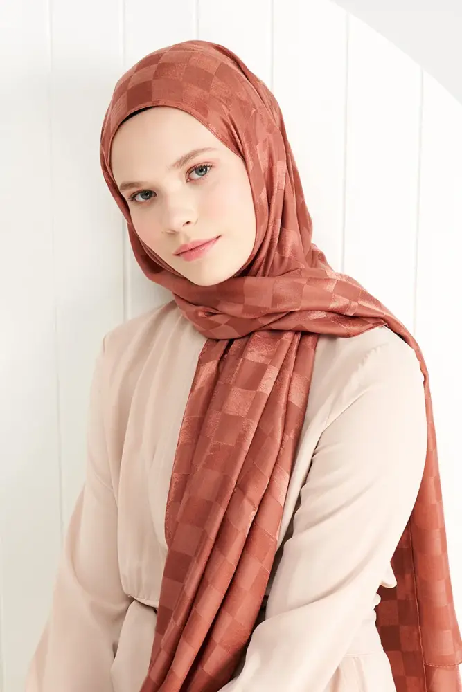 Silky Jacquard Italian Hijab Checker Pattern - Copper - 3