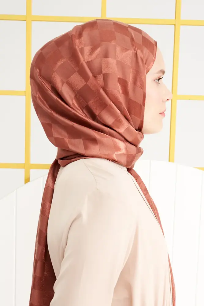 Silky Jacquard Italian Hijab Checker Pattern - Copper - 4