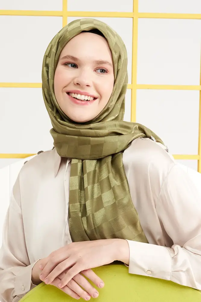 Silky Jacquard Italian Hijab Checker Pattern - Oil Green - 1