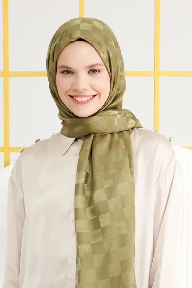 Silky Jacquard Italian Hijab Checker Pattern - Oil Green - 3