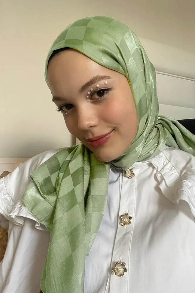 Silky Jacquard Italian Hijab Checker Pattern - Sage - 1